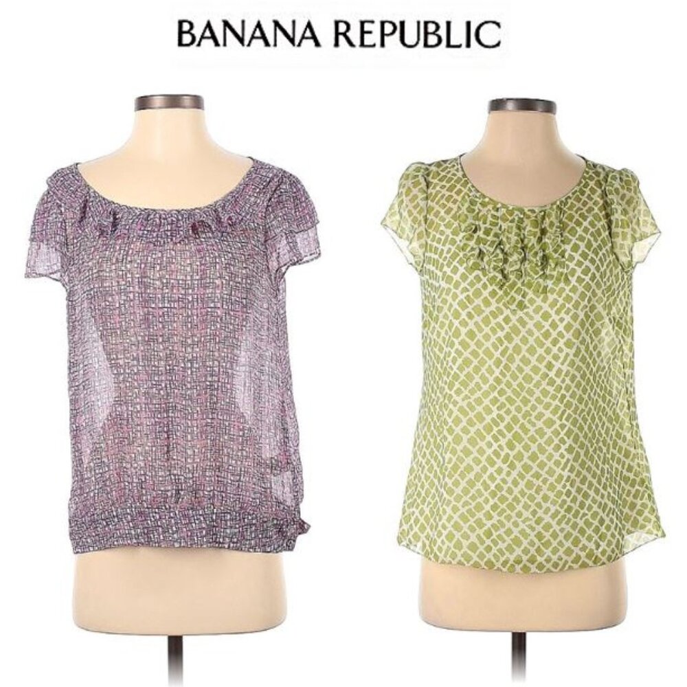 Banana Republic Sheer Printed Short-Sleeve Tops in Purple and Green (Set of 2)